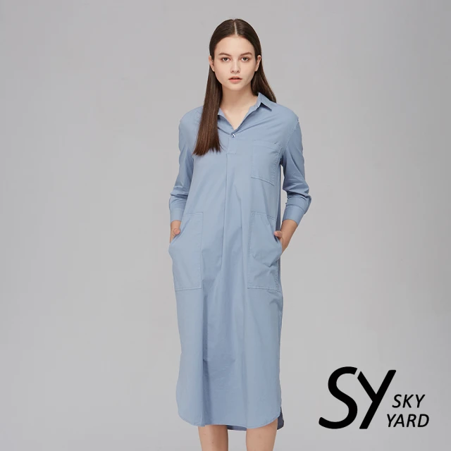 SKY YARD 開襟V領棉質襯衫式連身洋裝(淺藍)