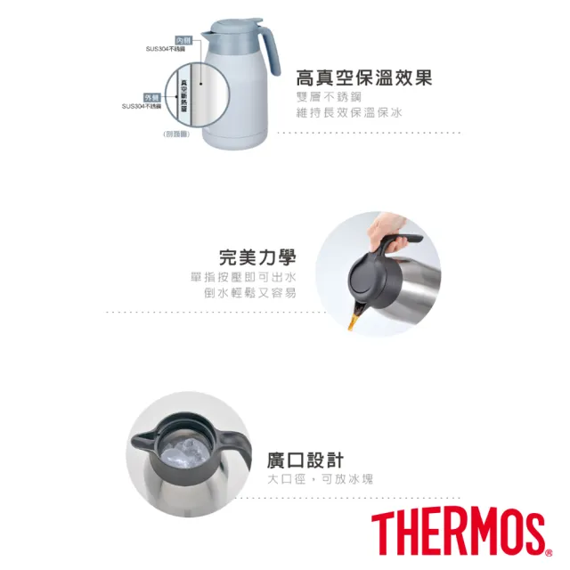 【THERMOS膳魔師】期間限定_不鏽鋼淺墨藍按壓式保溫壺1500ml+旋蓋保溫杯400ml(THS-1501+JCG-400)(保溫瓶)