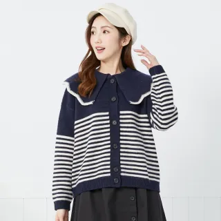 【betty’s 貝蒂思】荷葉邊翻領撞色條紋開襟毛衣(深藍)