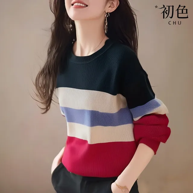 【初色】韓系圓領條紋針織長袖毛衣上衣女上衣-共2色-39196(F可選/現貨+預購)