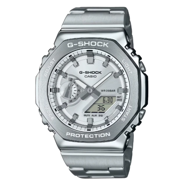 CASIO 卡西歐 G-STEEL 金屬錶殼錶帶 纖薄八角形雙顯錶-經典銀(GM-2110D-7A)