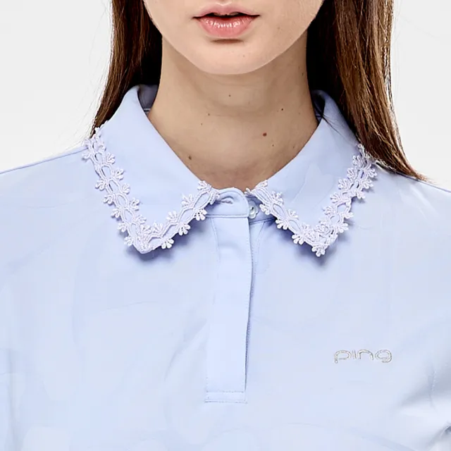 【PING】女款蕾絲領片緹花高爾夫薄長袖POLO衫-藍(吸濕排汗/抗UV/GOLF/高爾夫球衫/RA24206-53)