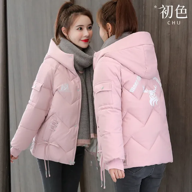 【初色】韓版純色休閒印花寬鬆加厚禦寒連帽長袖防風外套女外套-共4色-39173(M-3XL可選)