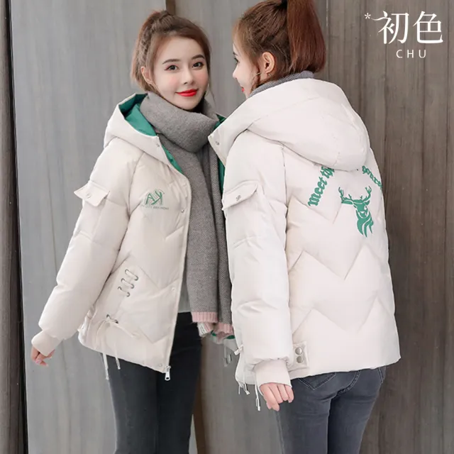 【初色】韓版純色休閒印花寬鬆加厚禦寒連帽長袖防風外套女外套-共4色-39173(M-3XL可選)