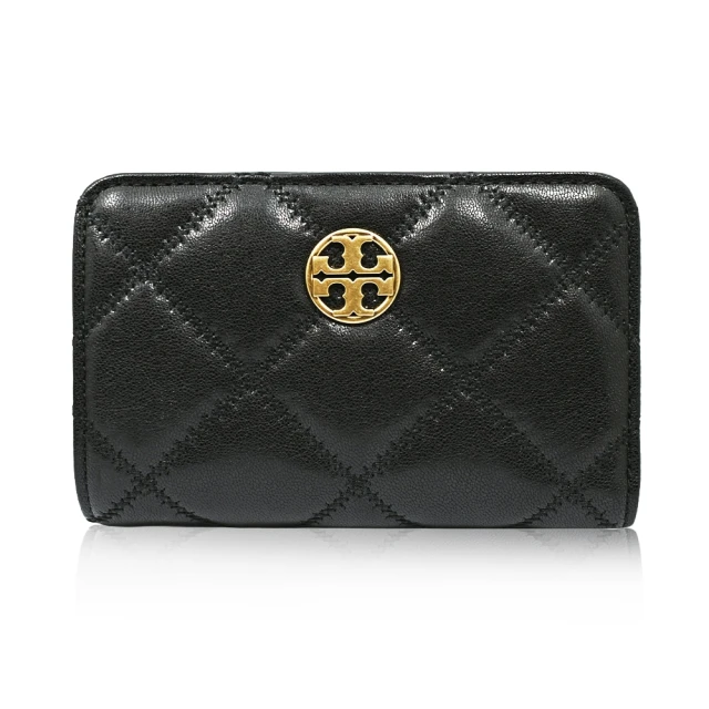 TORY BURCH WILLA 經典金屬LOGO菱格紋皮革釦式中夾 黑色(150077-001)