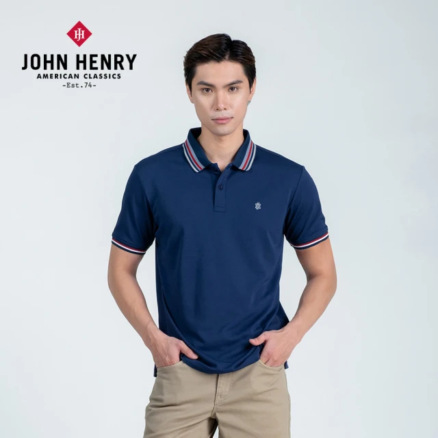 JOHN HENRY 彩條飾邊短袖POLO衫-藍色