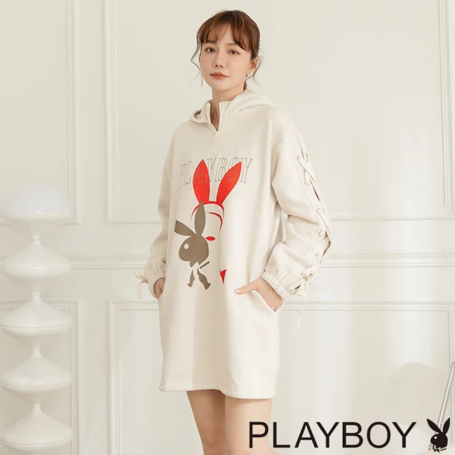 PLAYBOY 內刷毛率性印花連帽衛衣(灰奶茶色)