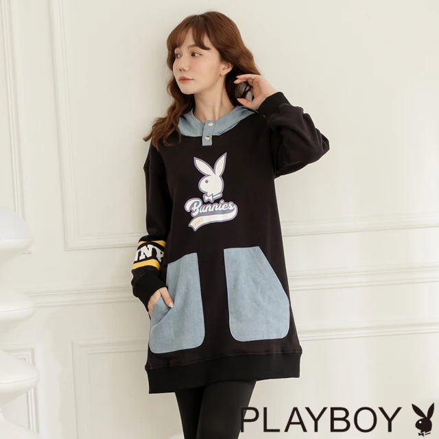 PLAYBOY 牛仔拼接內刷毛連帽衛衣(黑色)