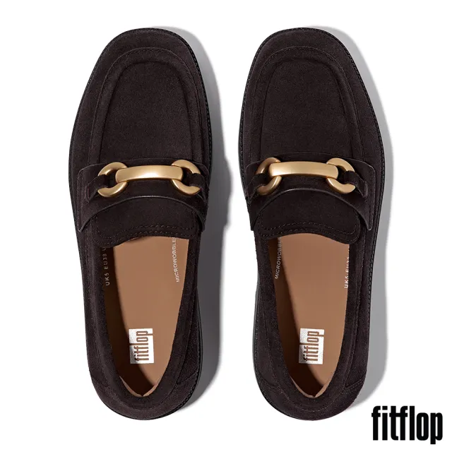 【FitFlop】F-LUMA 馬銜扣麂皮方頭厚底樂福跟鞋-女(巧克力棕)