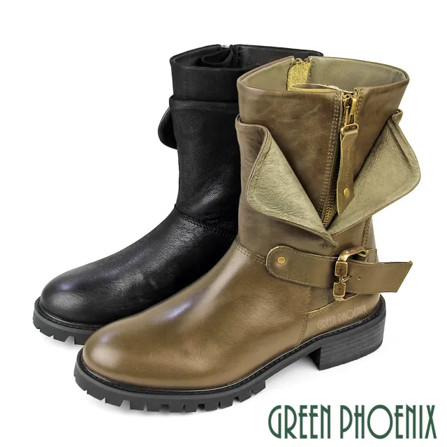 【GREEN PHOENIX 波兒德】女 短靴 工程靴 機車靴 騎士靴 厚底 牛皮 全真皮 拉鍊 大翻領(深綠、黑色)