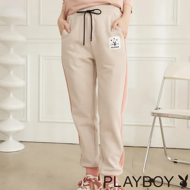 【PLAYBOY】內刷毛斜邊撞色休閒褲(杏色)