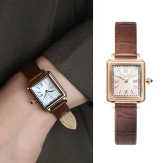 【LOLA ROSE】玫瑰金框 白色貝殼面 玫金羅馬刻度 咖啡色皮革 小巧方形 手錶 女錶 22mm 聖誕禮(LR2330)
