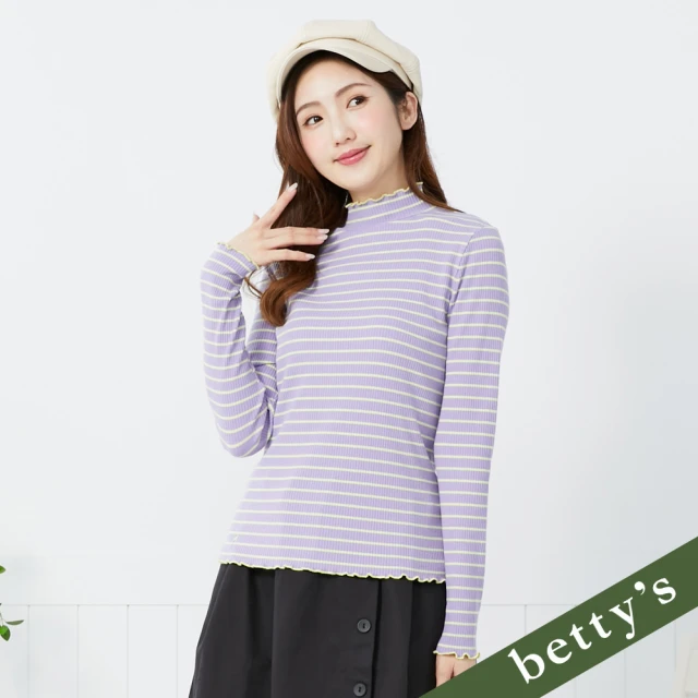 betty’s 貝蒂思 撞色木耳邊仿針織立領橫條紋T-shirt(紫色)