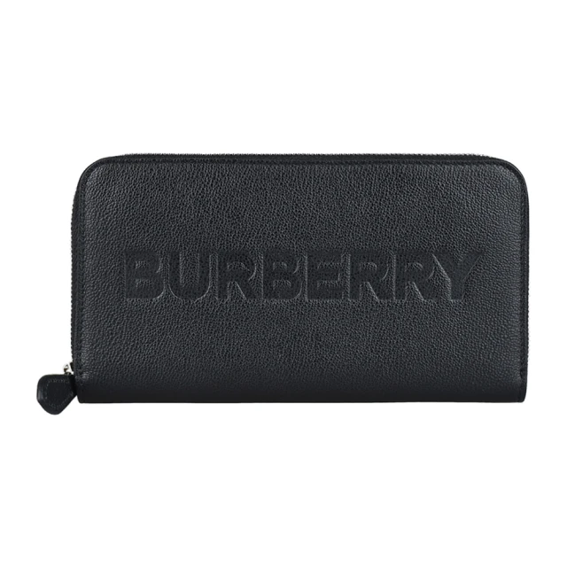 BURBERRY 巴寶莉 BURBERRY大寫壓印LOGO拉鍊荔枝紋牛皮12卡ㄇ字型長夾(黑)