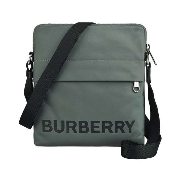 BURBERRY 巴寶莉 BURBERRY Neo黑字LOGO拉鍊尼龍斜背扁包(灰)