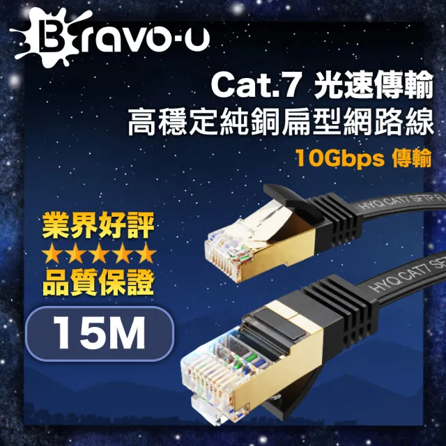 【Bravo-u】Cat.7 光速傳輸10Gbps高穩定純銅扁型網路線 黑 15M