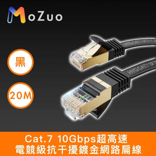 【魔宙】Cat.7 10Gbps超高速 電競級抗干擾鍍金網路扁線 黑 20M