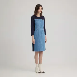 【ILEY 伊蕾】顯瘦感拼接縲縈牛仔洋裝(深藍；M-2L；1244318745)