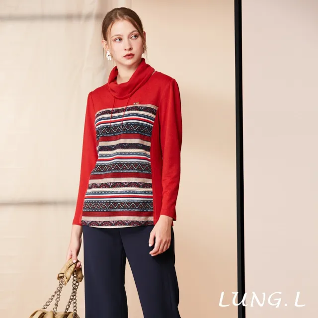 【LUNG.L 林佳樺】LR01A紅色拼接條紋活動圍脖長版女裝上衣(秋冬新品 加大尺碼 保暖)