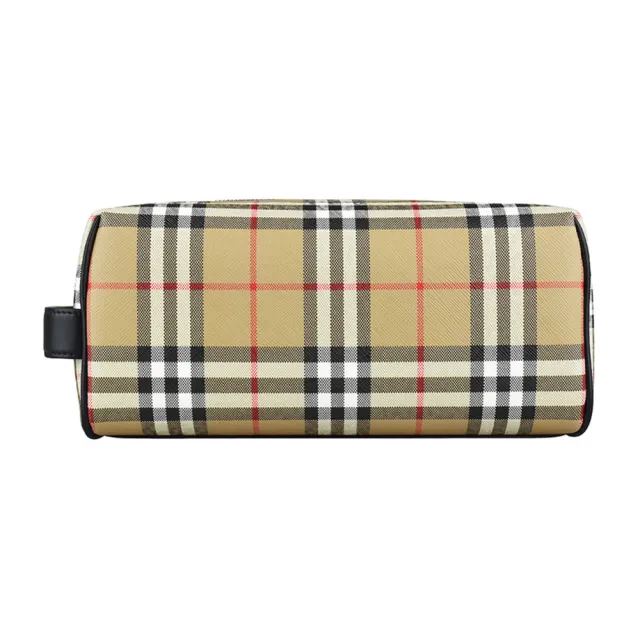 【BURBERRY 巴寶莉】BURBERRY LOGO拉鍊格紋PVC手拿旅行收納包(典藏米)