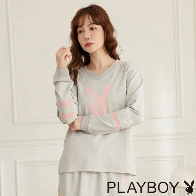 【PLAYBOY】V領色塊拼開岔上衣(鴿子灰)