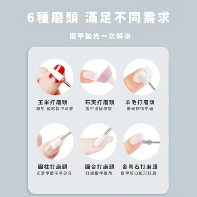 【輕鬆保養】電動美甲打磨器-附多種磨頭(USB充電式 指甲修護 美甲機 卸甲 磨甲 修甲 拋光 去死皮)