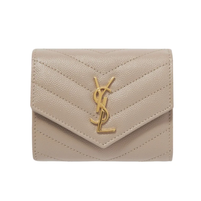 YSL SAINT LAURENT Cassandre 荔枝皮 皮革 多摺開釦 短夾 卡夾 零錢包 深米色 金色 692061