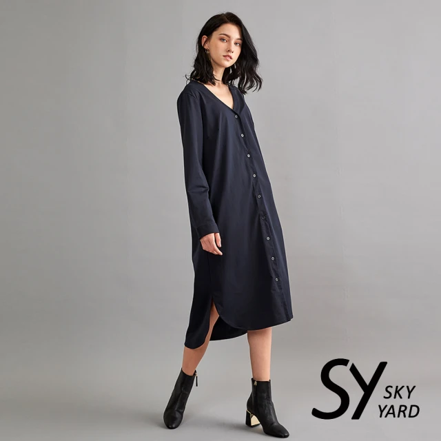 SKY YARD V領開襟長版外套(深藍)