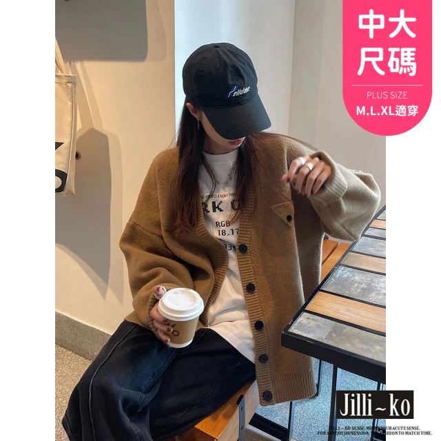 JILLI-KO 加厚復古疊穿針織毛衣開衫外套中大尺碼-F(灰/卡)