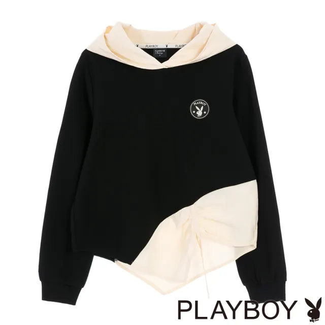 【PLAYBOY】撞色不對稱抽皺連帽衛衣(黑色)