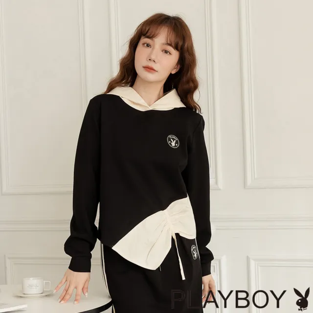 【PLAYBOY】撞色不對稱抽皺連帽衛衣(黑色)