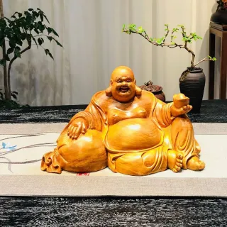 【桃花源創意工坊】招財布袋彌勒檜木木雕(木雕)