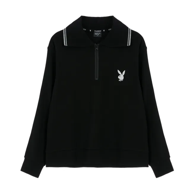 【PLAYBOY】半開襟配條翻領上衣(黑色)