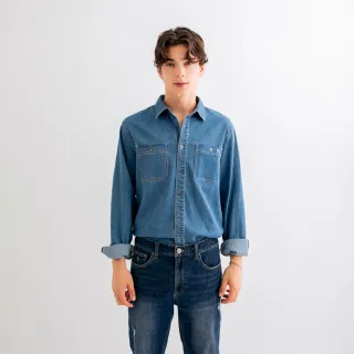 【Arnold Palmer 雨傘】男裝-品牌LOGO刺繡水洗牛仔休閒襯衫(藍色)