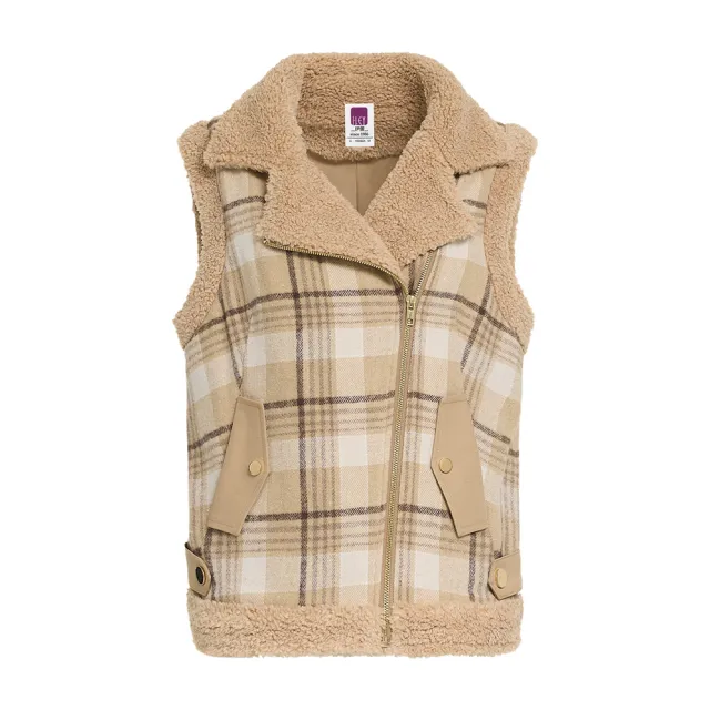 【ILEY 伊蕾】經典格紋大翻領毛絨背心(卡其；M-XL；1244533601)