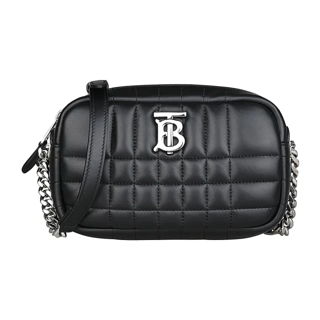 【BURBERRY 巴寶莉】BURBERRY LOLA銀字LOGO拉鍊絎縫羔羊皮斜背包(迷你/黑)