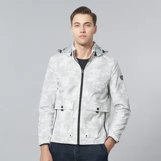 【pierre cardin 皮爾卡登】休閒服飾 男款 都會休閒連帽印花薄夾克外套-淺灰色(5245664-92)