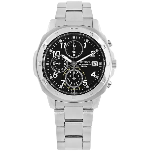 【SEIKO 精工】三眼計時 數字刻度 夜光 日期 不鏽鋼手錶 黑色 39mm(SND195P)