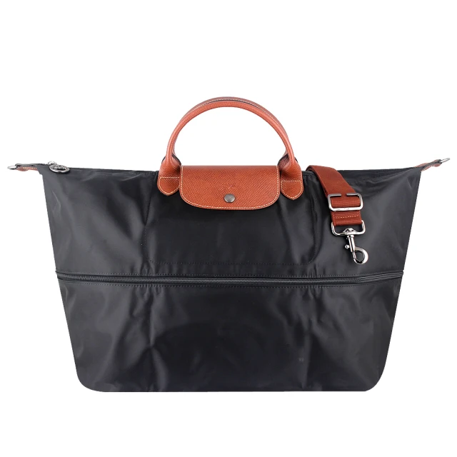 LONGCHAMP LE PLIAGE 再生尼龍布拉鍊伸縮斜背/旅行袋(黑色)