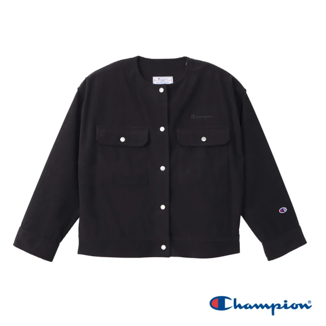 Champion 官方直營-CASUAL 草寫LOGO刺繡燈芯絨開襟排扣口袋無領外套/工裝夾克-女(3色可選)