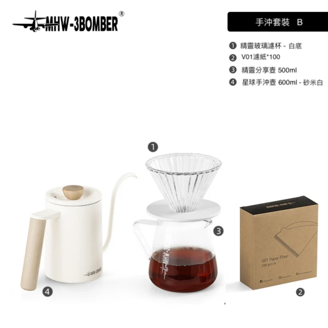 MHW-3BOMBER 手沖咖啡組合B(玻璃濾杯/分享壺500ml/濾紙/手沖壺600ml/兩色可選)