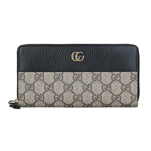 GUCCI 古馳 GUCCI MARMONT雙G LOGO拉鍊12卡皮革拼接印花PVC長夾(黑x米x烏木)