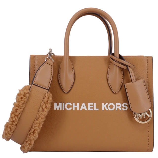 Michael Kors MK MIRELLA 毛絨邊泰迪背帶 荔枝紋皮革 托特包 /手提包 /肩斜背兩用包(駝色)