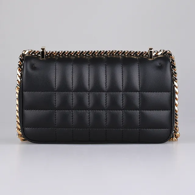 【BURBERRY 巴寶莉】BURBERRY LOLA LOGO釦式格紋小羊皮鏈帶肩背斜背包(迷你/黑)