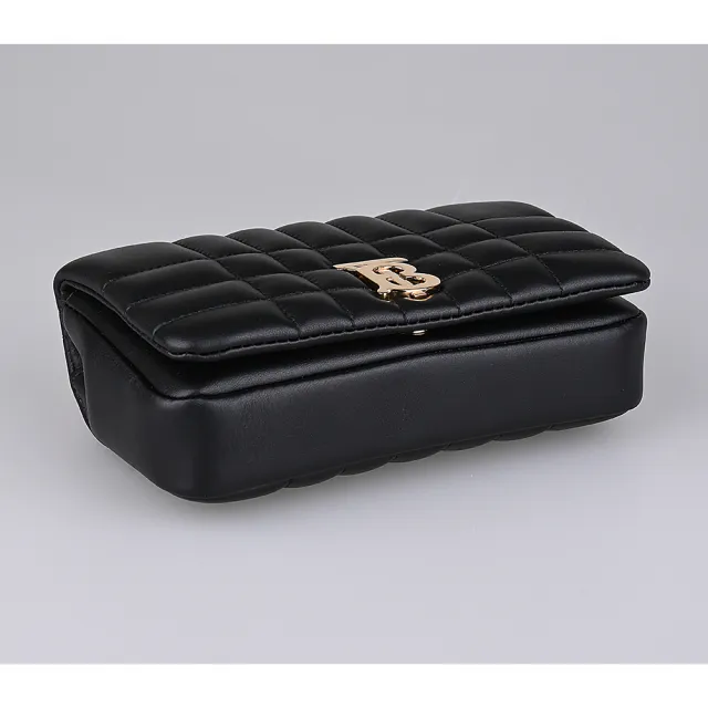 【BURBERRY 巴寶莉】BURBERRY LOLA LOGO釦式格紋小羊皮鏈帶肩背斜背包(迷你/黑)