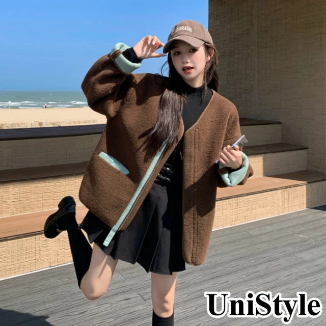 UniStyle 羊羔毛長袖外套 韓系簡約撞色皮毛一體夾克大衣 女 ZM290-Y2417(棕)