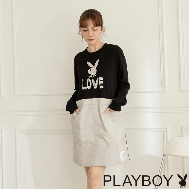 【PLAYBOY】異材質拼接撞色H型洋裝(黑色)