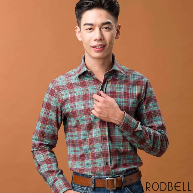 RODBELL 羅德貝爾 綠紅格純棉磨毛長袖修身襯衫(舒適保暖、棉、修身襯衫)