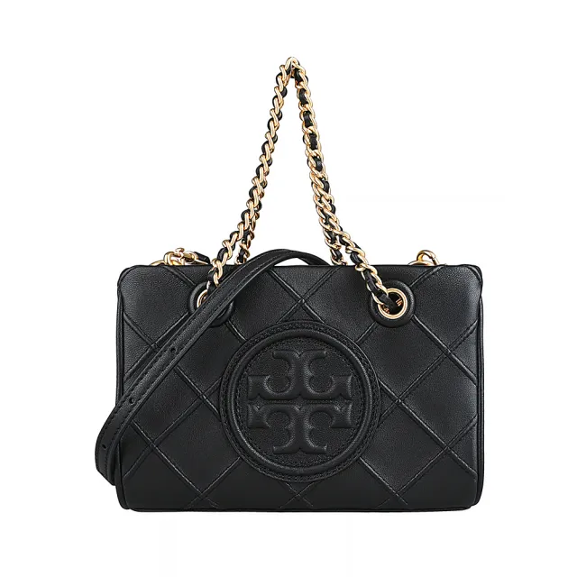 【TORY BURCH】TORY BURCH FLEMING圓形浮雕雙T LOGO菱格紋設計納帕牛皮手提斜背包(迷你/黑)