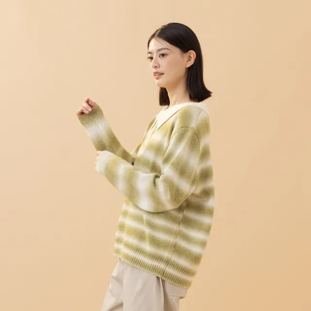 【MOSS CLUB】彩虹漸層文青翻領長袖毛衣(綠 駝 灰/魅力商品)